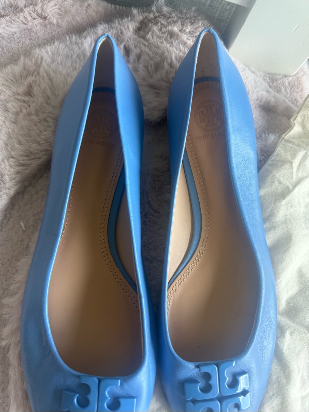Tory Burch Sky Blue Leather Logo Ballet Flats - Picture 2 of 3
